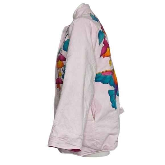 VTG Julia Pinkham Hummingbird Flower Hand Painted Open Front Canvas Jacket - Picture 4 of 5